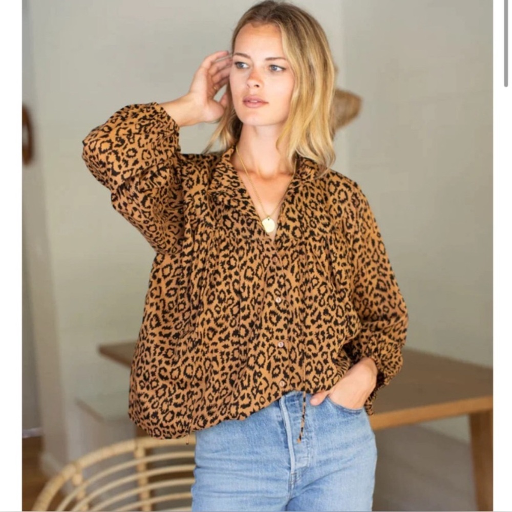 India Collection Emerson Fry Emmaline Organic‎ Cotton Leopard Blouse Size XS